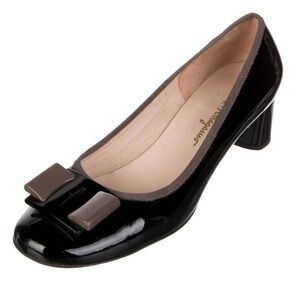 Salvatore Ferragamo Patent Black Heels with Brown Bow - 8.5